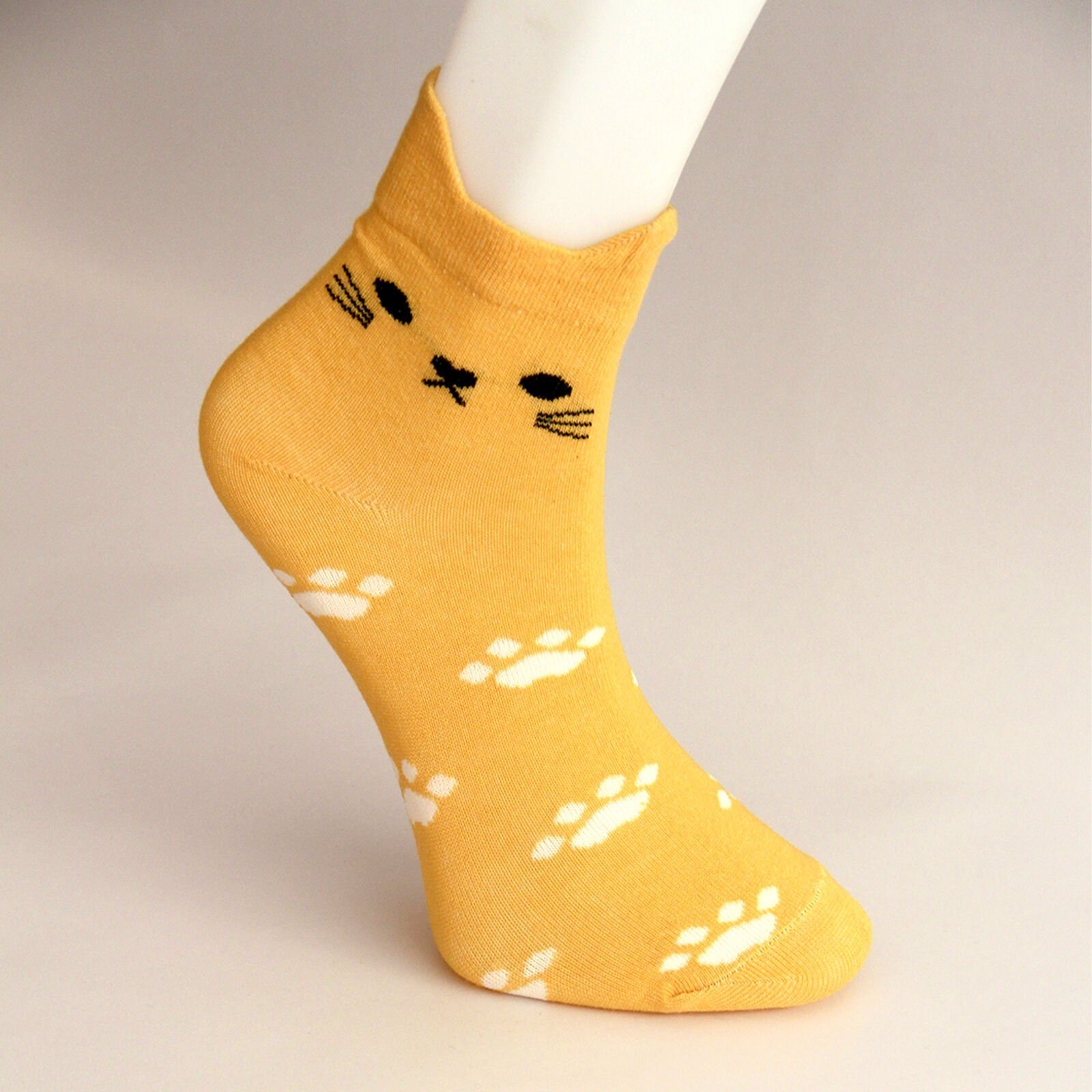Kedi ve Pati Desenli Kısa Patik Bilek Kadın Çorabı Sarı Renkli