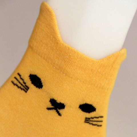 Kedi ve Pati Desenli Kısa Patik Bilek Kadın Çorabı Sarı Renkli