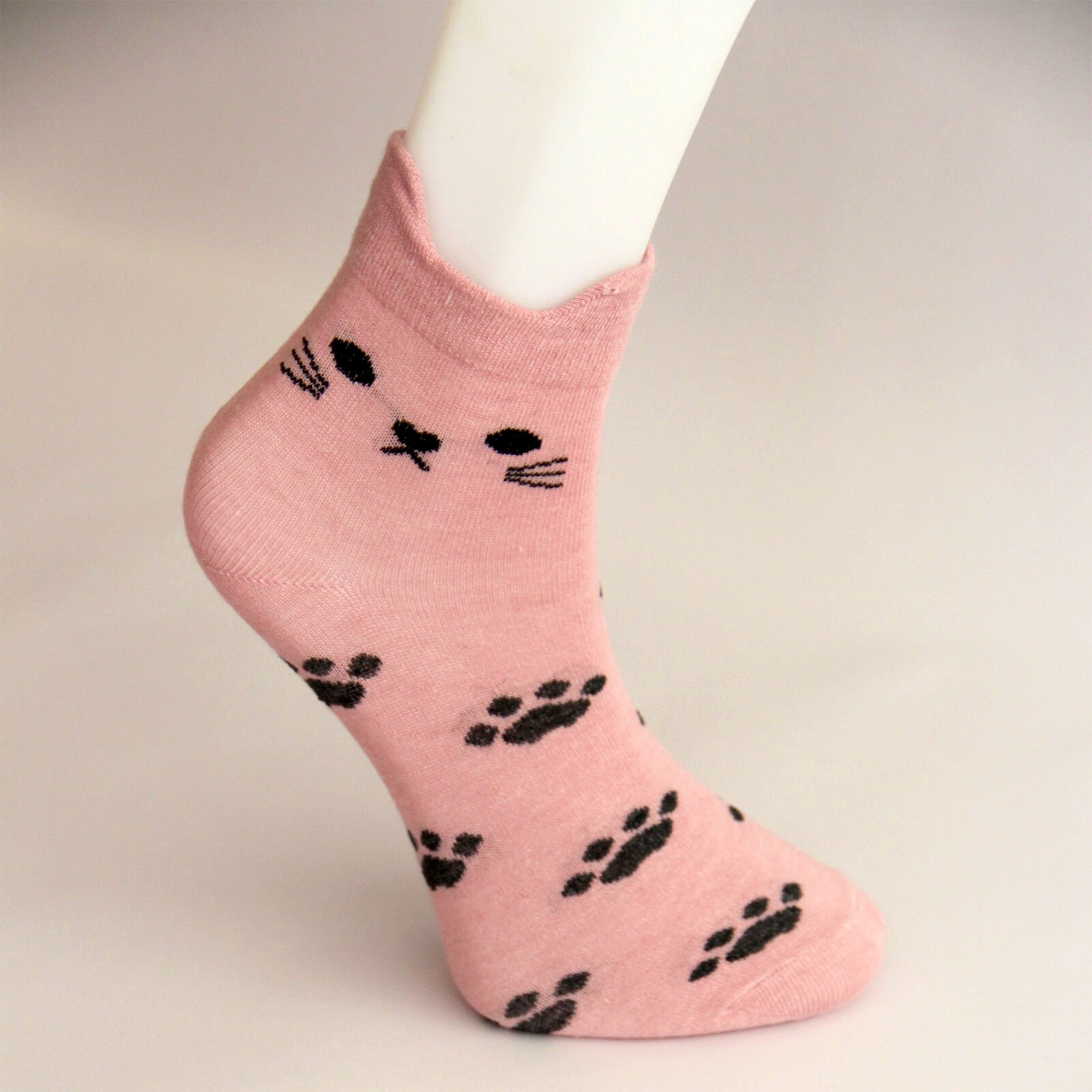 Kedi ve Pati Desenli Kısa Patik Bilek Kadın Çorabı Pembe Renkli