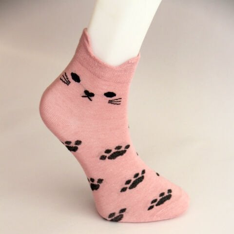 Kedi ve Pati Desenli Kısa Patik Bilek Kadın Çorabı Pembe Renkli