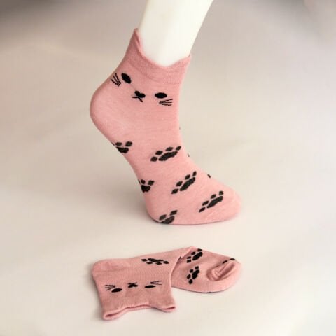 Kedi ve Pati Desenli Kısa Patik Bilek Kadın Çorabı Pembe Renkli