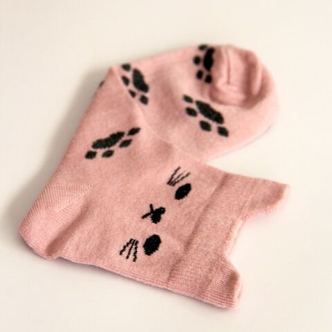 Kedi ve Pati Desenli Kısa Patik Bilek Kadın Çorabı Pembe Renkli