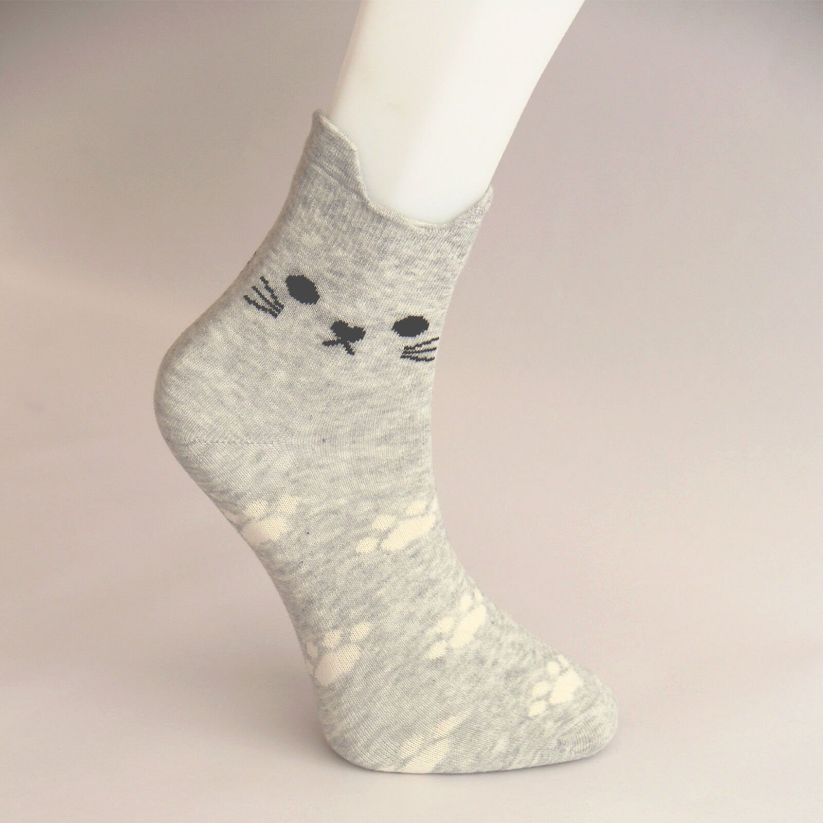 Kedi ve Pati Desenli Kısa Patik Bilek Kadın Çorabı Gri Renkli