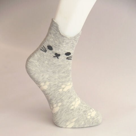 Kedi ve Pati Desenli Kısa Patik Bilek Kadın Çorabı Gri Renkli