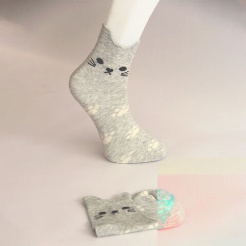 Kedi ve Pati Desenli Kısa Patik Bilek Kadın Çorabı Gri Renkli