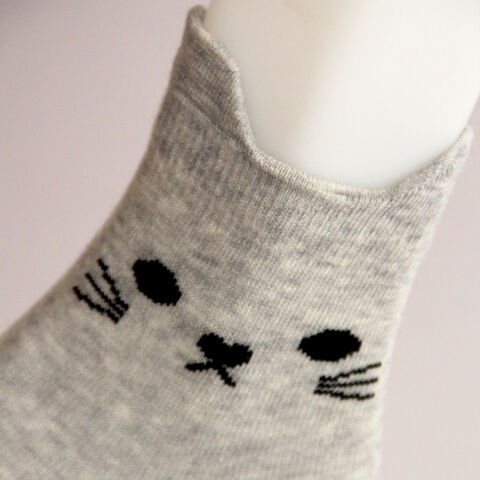 Kedi ve Pati Desenli Kısa Patik Bilek Kadın Çorabı Gri Renkli