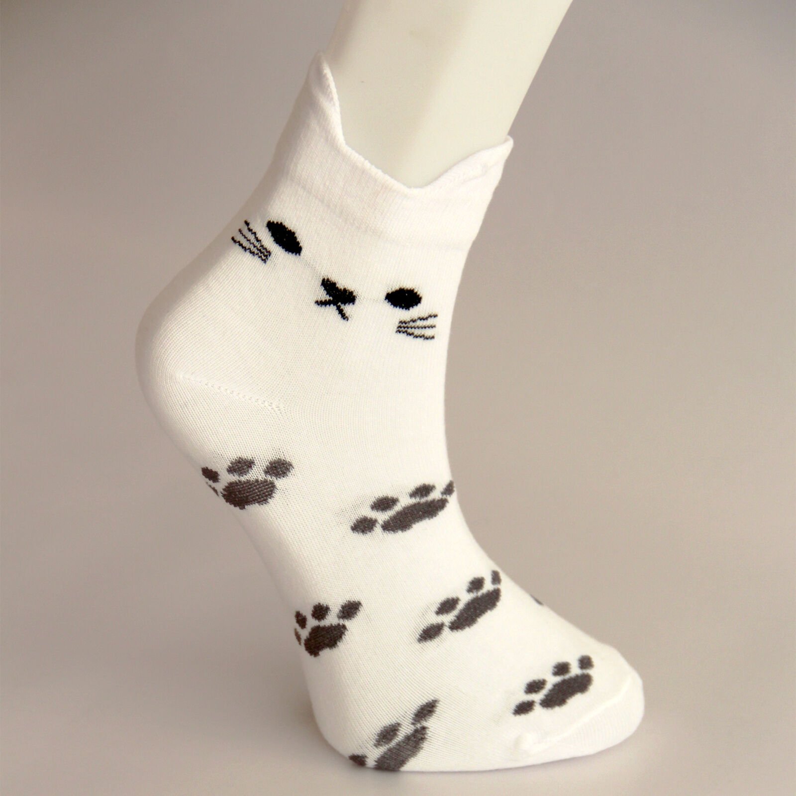 Kedi ve Pati Desenli Kısa Patik Bilek Kadın Çorabı Beyaz Renkli