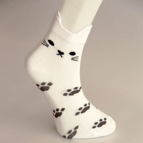 Kedi ve Pati Desenli Kısa Patik Bilek Kadın Çorabı Beyaz Renkli