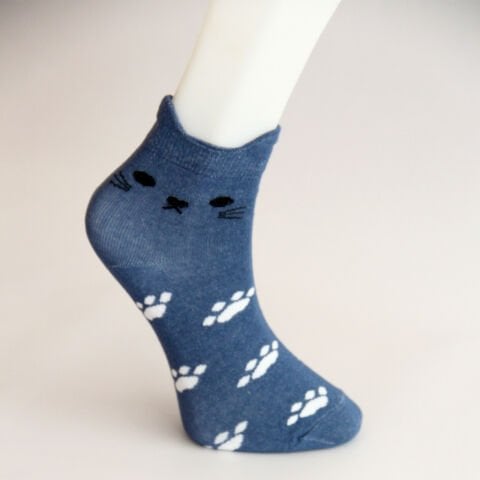 Kedi ve Pati Desenli Kısa Patik Bilek Kadın Çorabı Mavi Renkli