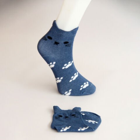 Kedi ve Pati Desenli Kısa Patik Bilek Kadın Çorabı Mavi Renkli