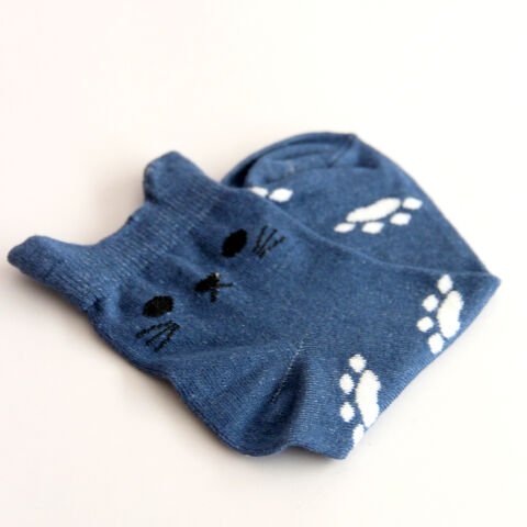 Kedi ve Pati Desenli Kısa Patik Bilek Kadın Çorabı Mavi Renkli