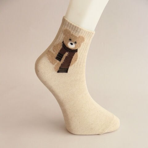 Krem Renkli Ayı Desenli Patik Kadın Çorabı