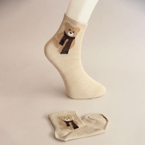 Krem Renkli Ayı Desenli Patik Kadın Çorabı