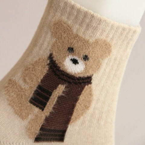 Krem Renkli Ayı Desenli Patik Kadın Çorabı