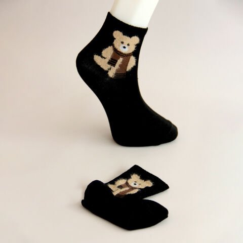 Siyah Renkli Ayı Desenli Patik Kadın Çorabı