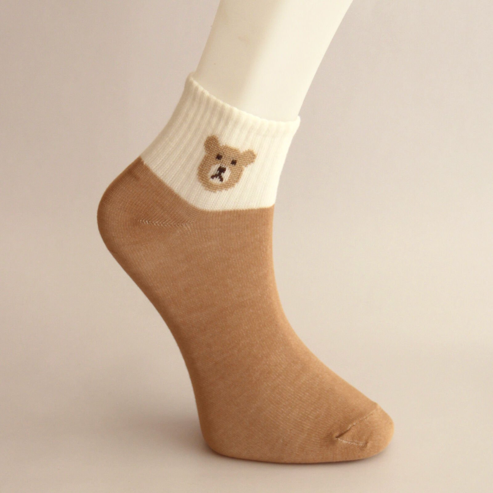 Açık Kahverengi & Kırık Beyaz Ayı Desenli Patik Kadın Çorabı