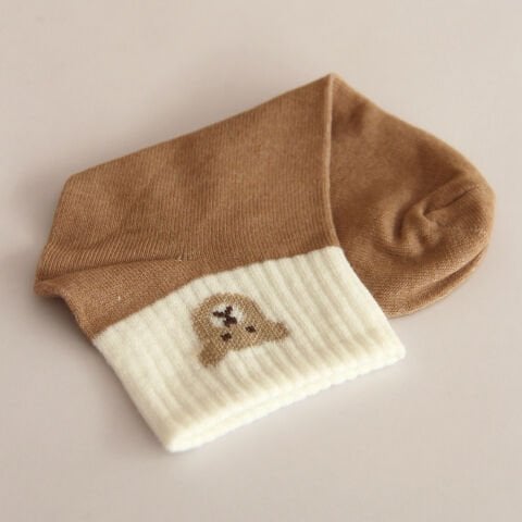 Açık Kahverengi & Kırık Beyaz Ayı Desenli Patik Kadın Çorabı