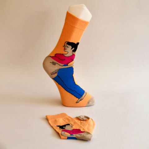 Hamile Kadın Tasarım Desenli Turuncu Unisex Soket Çorap