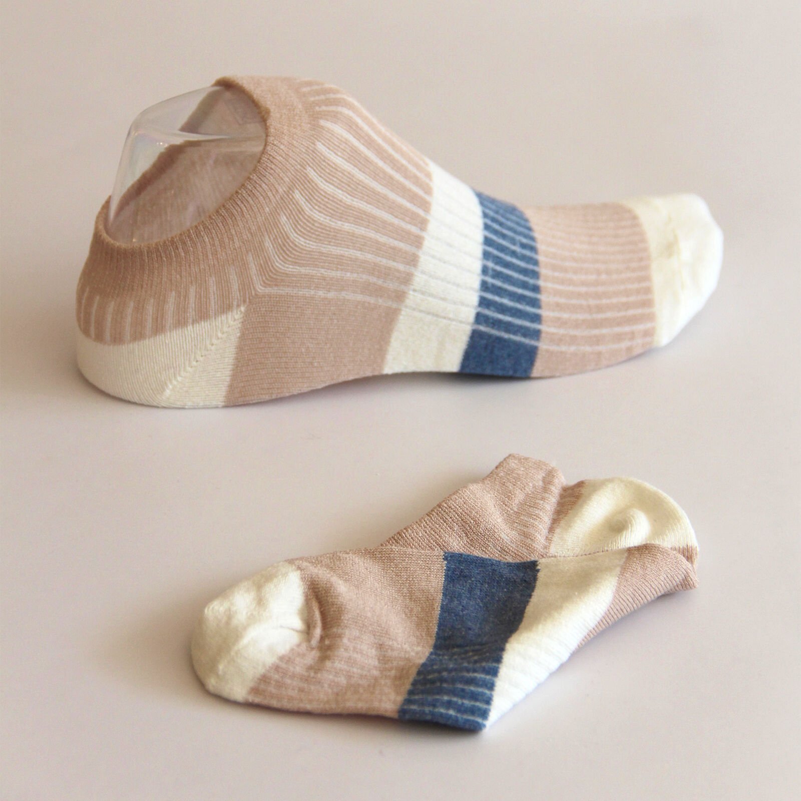 Kahverengi Mavi Çizgili Kadın Patik Çorabı