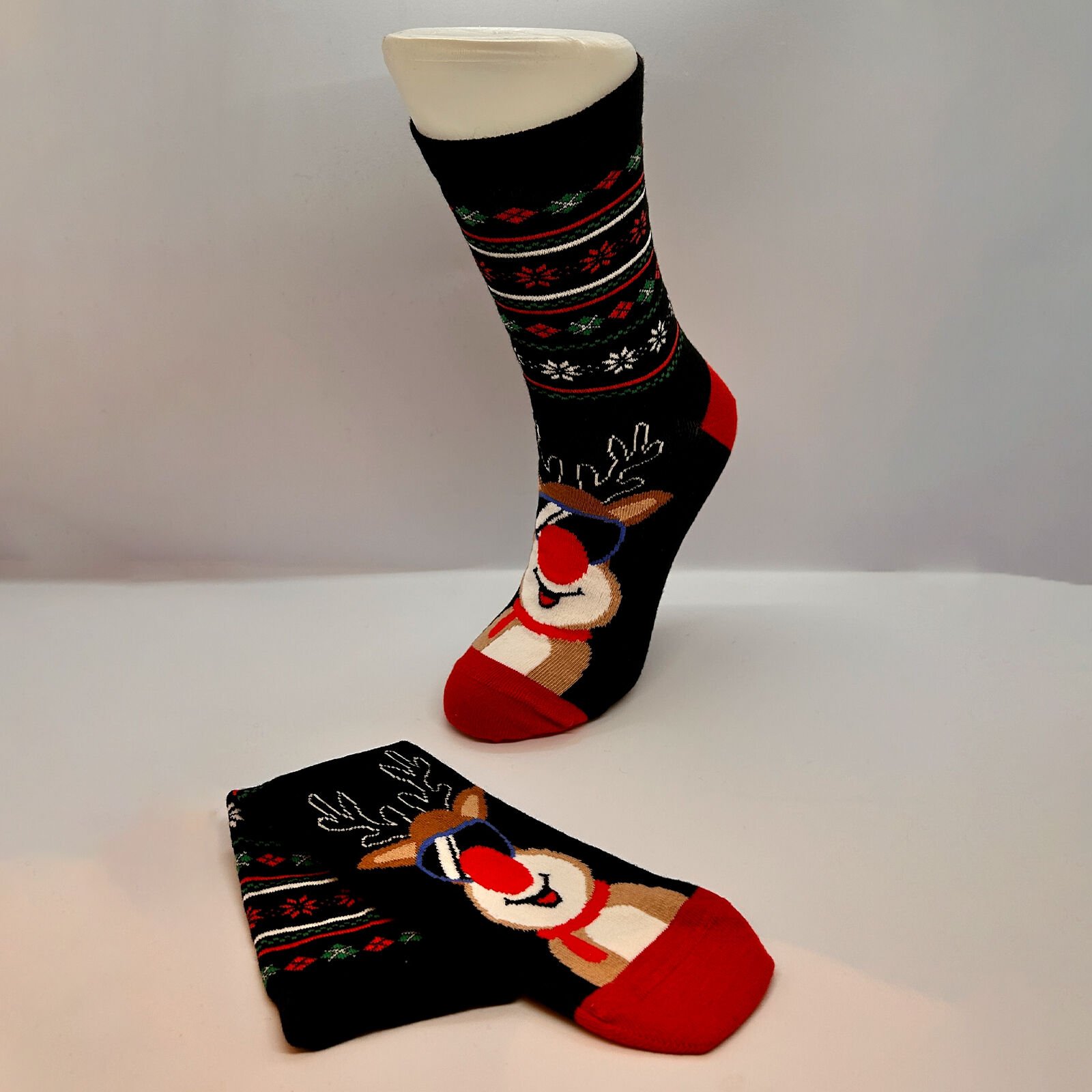 Gözlüklü Geyik Desenli Unisex Yılbaşı Çorabı – Siyah