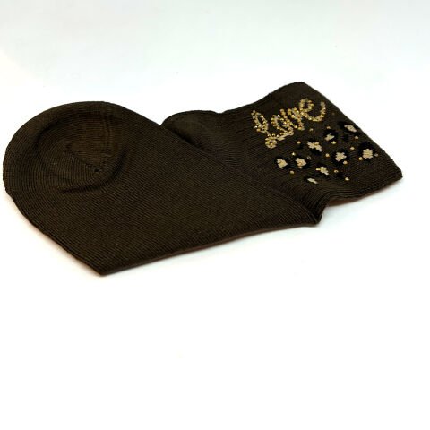 Leopar Desenli Love Taşlı Dikişsiz Kadın Çorap – Kahverengi