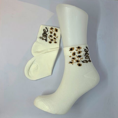 Leopar Desenli Love Taşlı Dikişsiz Kadın Çorap – Beyaz