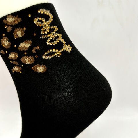 Leopar Desenli Love Taşlı Dikişsiz Kadın Çorap – Siyah