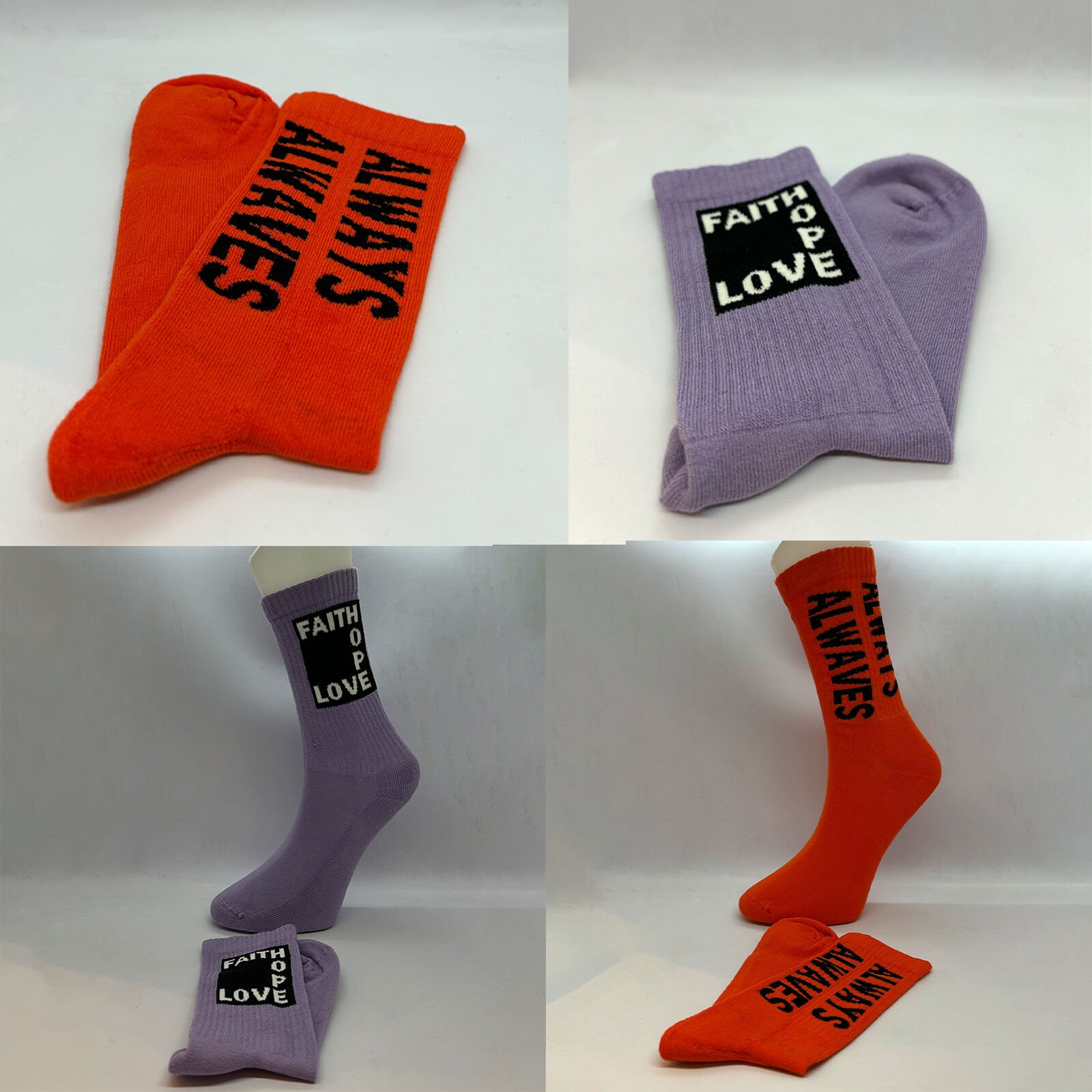 2’li Yazı Desenli Unisex Soket Çorap Mor & Turuncu